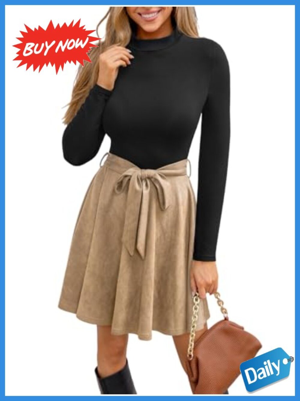 Mini Dress Mock Neck Long Sleeve Belted A-Line Flowy Casual Fall Work